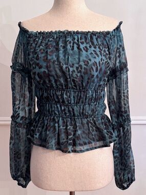 GUESS Blue Leopard Animal Print Convertible Off Shoulder Peplum Blouse XS